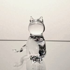 Vintage Crystal Cat Figurine Blown Glass 3.5"